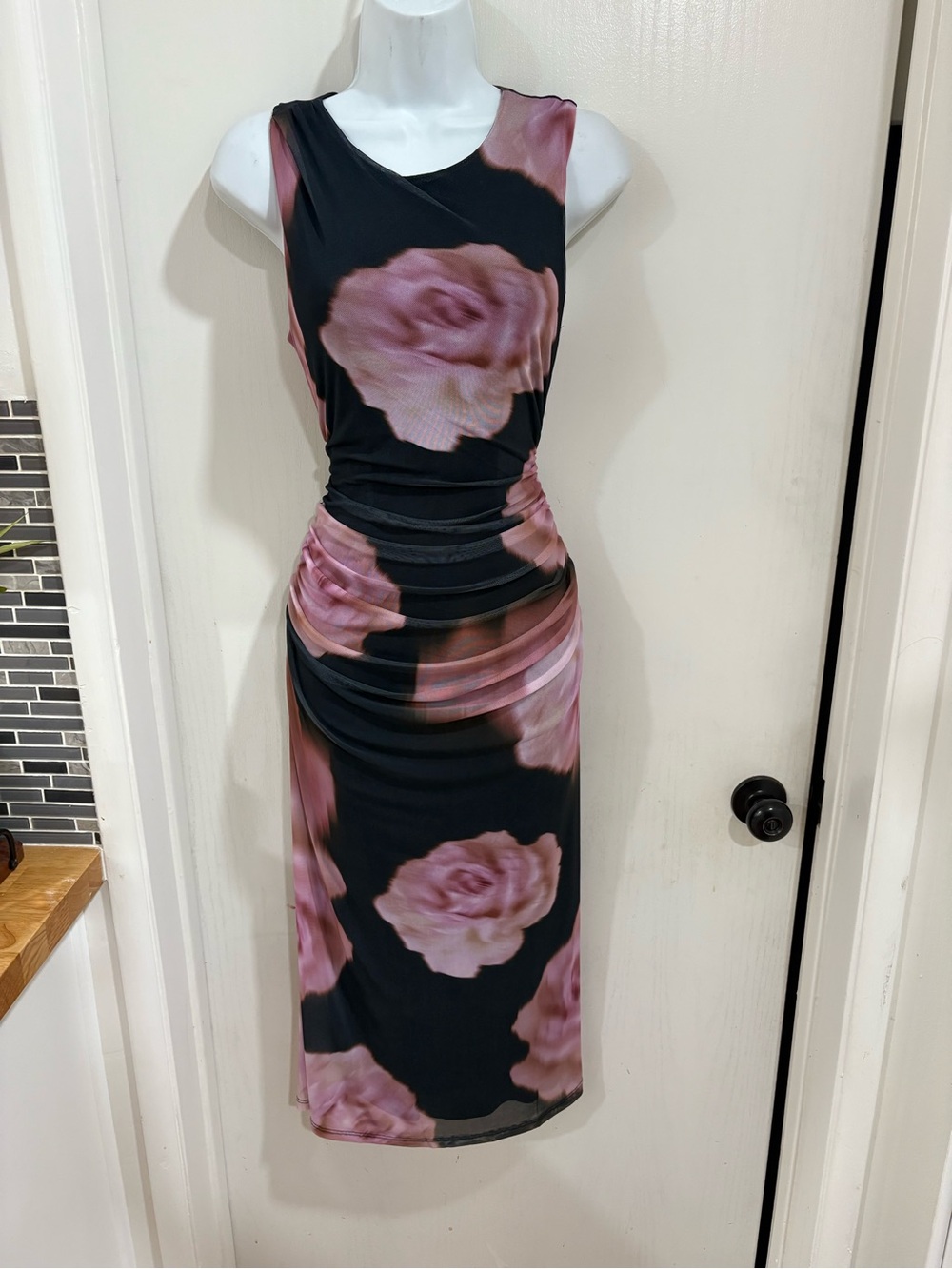Steve Madden Black Midi Dress with Pink Rose Print